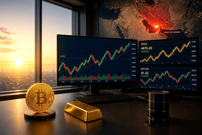 A financial trading desk at sunset displays Bitcoin, a gold bar, and an oil barrel in front of monitors showing charts for BTC (~$80,000), Gold ($4,670.45, +0.4%), and WTI Oil ($81.32, +3.6%), with a Middle East map highlighting the Strait of Hormuz.