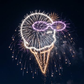 Fireworks burst in the night sky forming the shape of an ice cream cone.