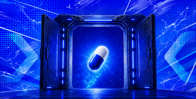 A glowing blue capsule pill floats inside an open sci-fi doorway, symbolizing the launch of $HUNTR on Solana with the contract address "2nDqrWVKo4EuwS4VU9QKK17bary2NqxdA8KJiNSspump," as referenced at huntr.gg/docs.