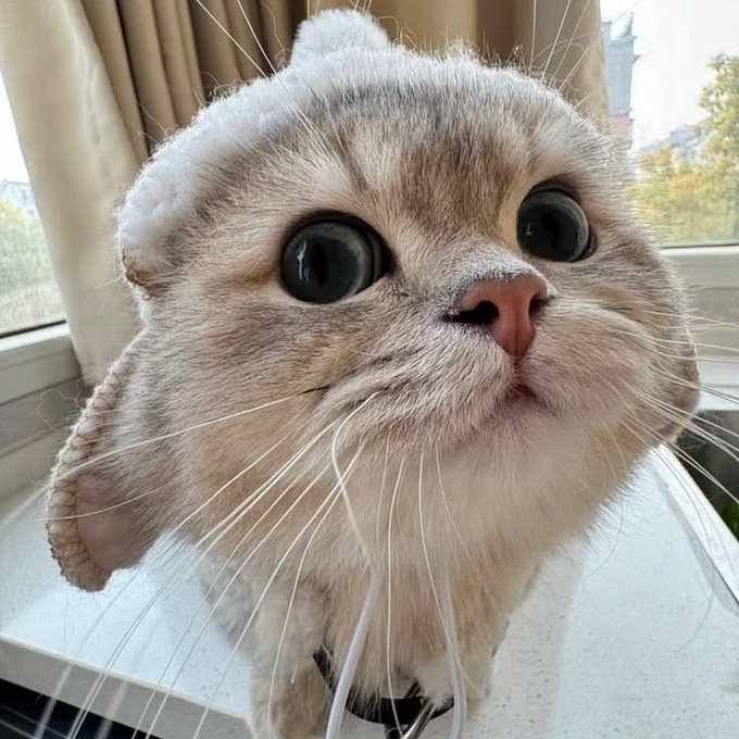 A close-up of a folded-ear Scottish Fold cat with large eyes sitting on a windowsill.