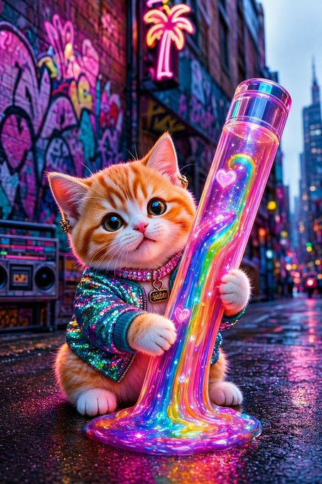 A colorful AI illustration of an orange tabby kitten wearing a sequined jacket and a 'Kitty' name tag, hugging a tall glass tube filled with glowing, swirling rainbow liquid against a neon graffiti background.