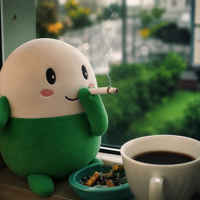 A round, plush-like character with a green base and white head smoking a cigarette, sitting on a windowsill next to an ashtray full of butts and a cup of black coffee.