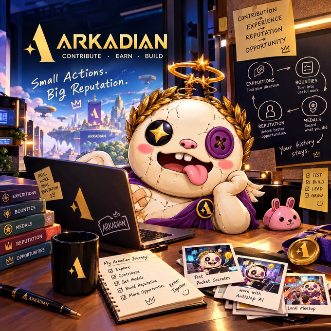 A colorful promotional illustration for 'ARKADIAN' featuring a cartoon character with a halo at a desk, with text reading 'Small Actions. Big Reputation.'