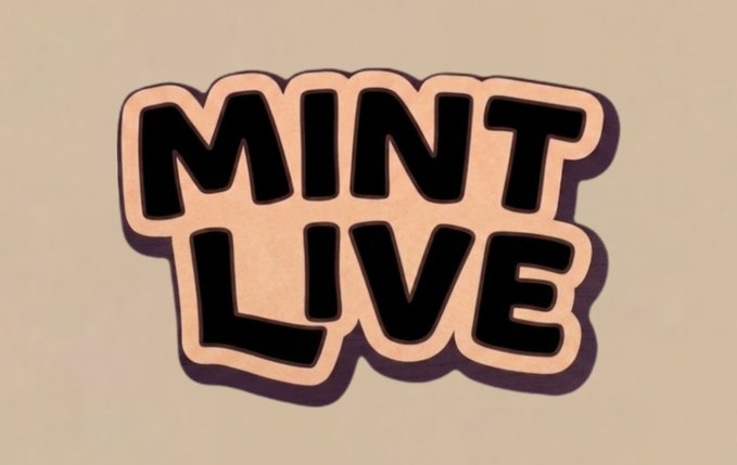 The image displays a hand-drawn style sticker or graphic with bold black bubble letters spelling "MINT LIVE" against a beige background, framed by a peach-colored outline. This visual aligns with the accompanying post announcing a "FCFS Phase" mint that appears to have sold out on OpenSea.