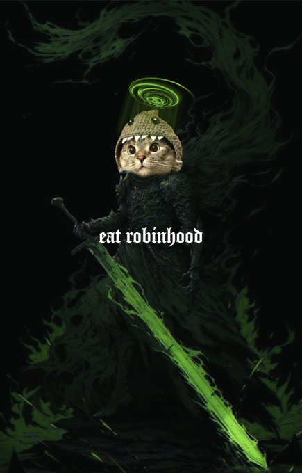A cat dressed as a dark fantasy warrior in a horned hood wields a glowing green sword, surrounded by mystical green flames, with the text "eat robinhood" displayed across the image. The eerie, menacing aesthetic complements the caption's warning to "be terrified," suggesting that holding "eat robinhood" positions could lead to a frightening outcome.