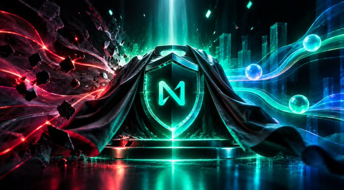 A digital artwork featuring a glowing, stylized 'N' logo shield emerging from dark cloth, illuminated by bright teal and red lights against a dark, abstract background.