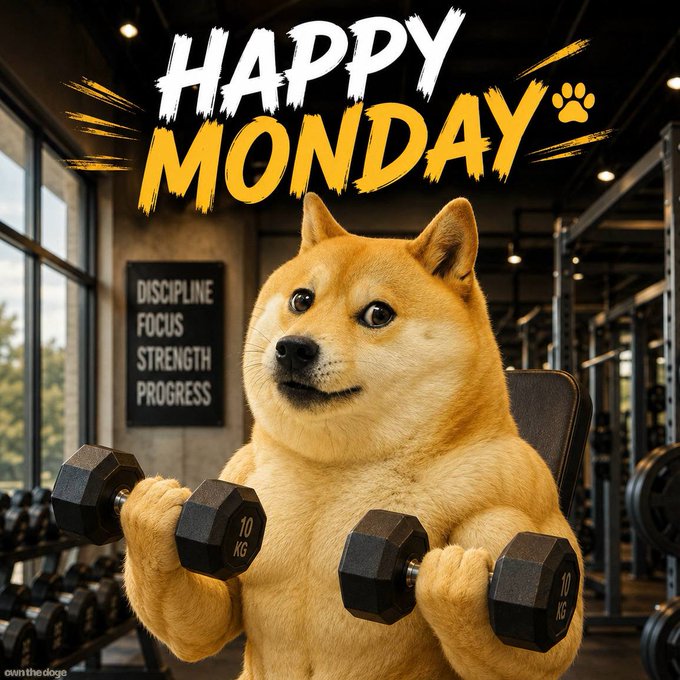 A muscular Shiba Inu dog lifts two 10 KG dumbbells in a gym, with "HAPPY MONDAY" displayed in bold yellow and white text above. A motivational sign in the background reads "DISCIPLINE, FOCUS, STRENGTH, PROGRESS."
