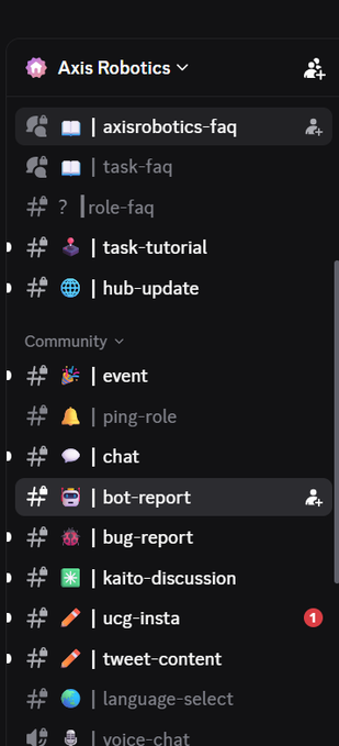 A Discord server sidebar for 'Axis Robotics' showing channels including axisrobotics-faq, task-faq, role-faq, task-tutorial, hub-update, and community channels like event, ping-role, chat, bot-report, bug-report, kaito-discussion, ucg-insta, tweet-content, language-select, and voice-chat.
