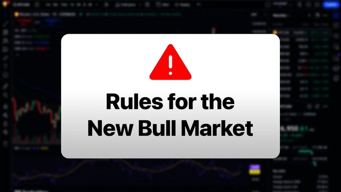 A white alert-style banner with a red warning triangle and exclamation mark displays "Rules for the New Bull Market" against a blurred background of cryptocurrency trading charts and order books, visually introducing the post's discussion about updated strategies for navigating the evolving crypto market conditions.