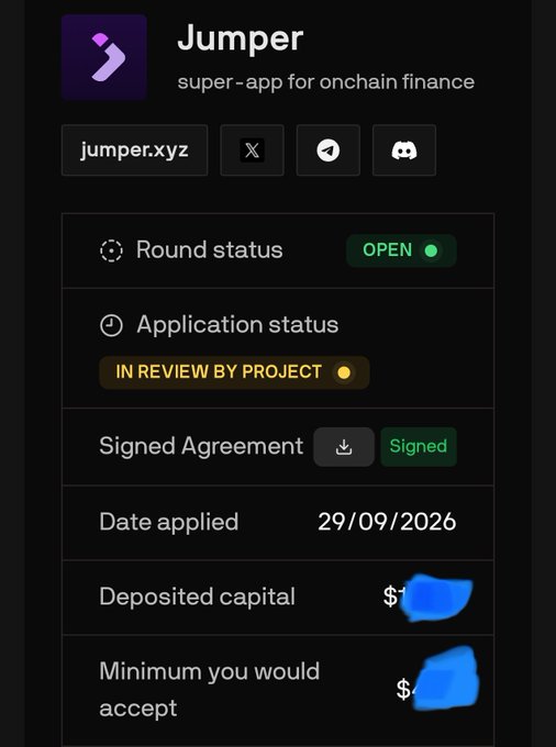 A mobile app screenshot for 'Jumper,' described as a 'super-app for onchain finance,' showing round status as OPEN, application in review, signed agreement, and redacted deposited capital figures.