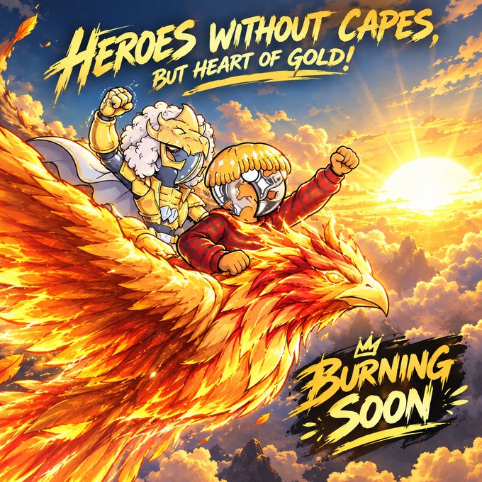 A vibrant promotional poster titled 'Burning Soon' features two armored characters riding a flaming phoenix, with the tagline 'Heroes Without Capes, But Heart of Gold!'.