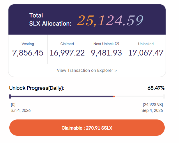 A cryptocurrency vesting dashboard showing "Total SLX Allocation: 25,124.59" with breakdowns for Vesting (7,856.45), Claimed (16,997.22), Next Unlock (9,481.93), and Unlocked (17,067.47), along with an Unlock Progress of 68.47% and a Claimable button for 270.91 SSLX.