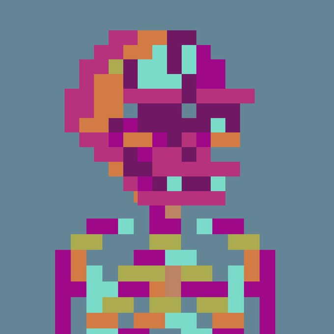 A pixelated, abstract portrait composed of blocky squares in pink, magenta, orange, teal, and olive green tones forms the silhouette of a head and shoulders on a gray background.