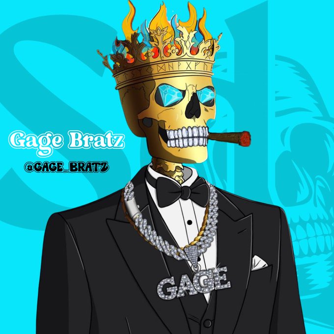 A digital cartoon of a skeleton character labeled 'Gage Bratz' (@GAGE_BRATZ) wearing a black tuxedo with diamond chains spelling 'GAGE', a flaming crown, blue diamond eyes, and a cigar in its mouth, set against a teal background.