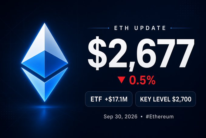 A cryptocurrency graphic shows the Ethereum symbol with an 'ETH UPDATE' showing a price of '$2,677', a red downward arrow with '0.5%', and details including 'ETF +$17.1M', 'KEY LEVEL $2,700', and the date 'Sep 30, 2026 #Ethereum'.