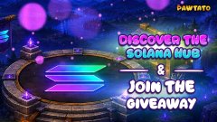 A colorful Pawtato digital graphic reads "DISCOVER THE SOLANA HUB & JOIN THE GIVEAWAY," promoting a limited-time contest in the virtual Pawtato Land where participants can visit the Solana Helipad to win one of three Pawtato Heroes by following the entry mechanics.