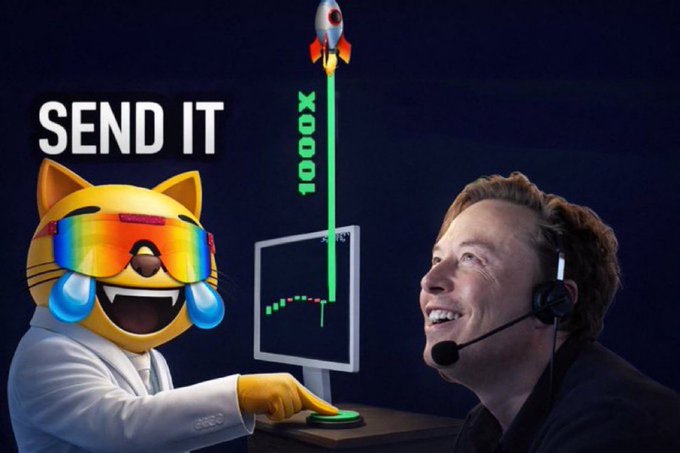 A meme showing a crying cat-dog hybrid in rainbow shutter shades pressing a button labeled 'SEND IT' while a rocket with 'X 10000X' launches upward, with Elon Musk wearing a headset watching on.