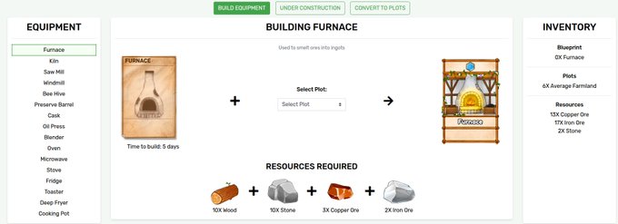 A video game interface showing a 'Building Furnace' screen with a 5-day build time, requiring 10X Wood, 10X Stone, 3X Copper Ore, and 2X Iron Ore to craft an Average Furnace.