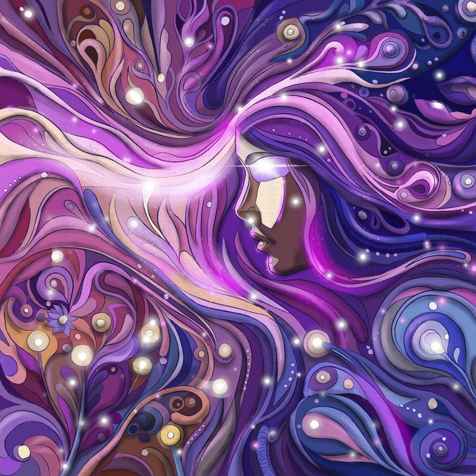 A vibrant digital artwork featuring a woman's profile surrounded by swirling, cosmic purple and pink patterns filled with glowing orbs.