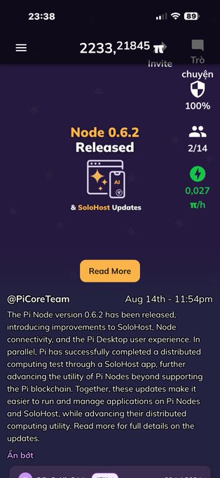 Screenshot of a Pi Network app showing "Node 0.6.2 Released" announcement from @PiCoreTeam on Aug 14th, with a balance of 2,233.21845 π, a 100% shield status, 2/14 nodes active, and a mining rate of 0.027 π/h.