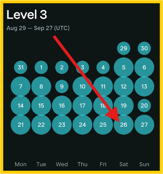 A 'Level 3' calendar graphic displays dates from August 29 to September 27 (UTC), with a red arrow pointing to September 26 on a Friday.