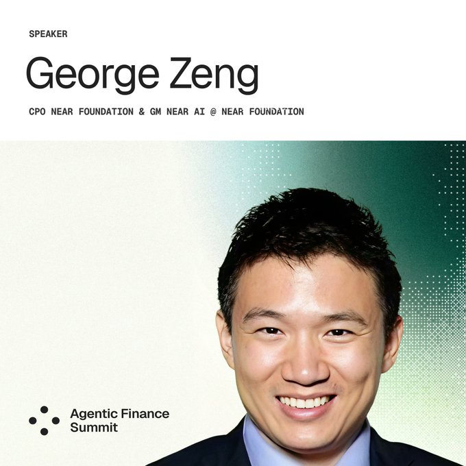 The image features a man wearing a suit and tie smiling for the camera. The text "george zeng" is written above his head, possibly indicating that he is the speaker at an event or conference related to finance. The background of the image has a green color with white dots scattered throughout it, which could be part of a promotional poster or banner for the Agentic Finance Summit.