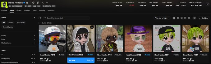 Screenshot of a Hood Homies NFT marketplace page on Roblox, displaying various avatar items for sale with prices ranging from $58.34 to $73.28.