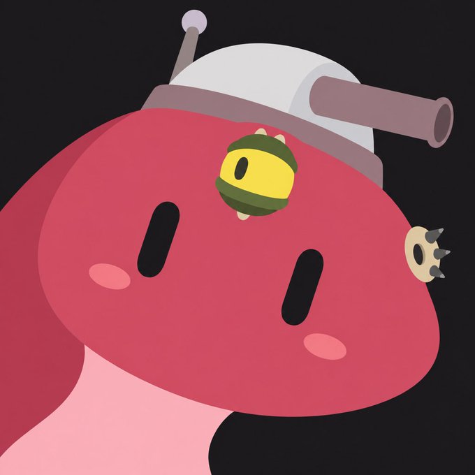 An illustration of a pink cartoon character with a green military-style helmet featuring a yellow smiling face emblem, wearing a white beret and a pink badge on the side.