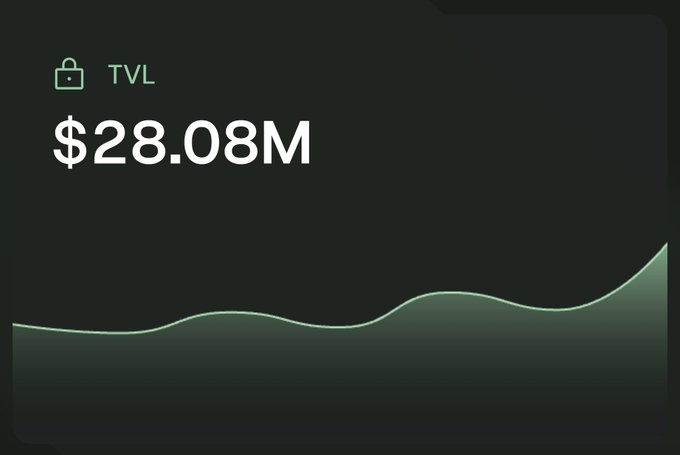 The image displays a dashboard widget showing "TVL" (Total Value Locked) with a value of "$28.08M" in bold white text against a dark background, accompanied by an upward-trending green line chart. The visual corresponds to the post about NEST reaching a new all-time high in Total Value Locked at $28.08M, supporting the claim that HyperEVM remains undervalued with potential to reach 33 cents.