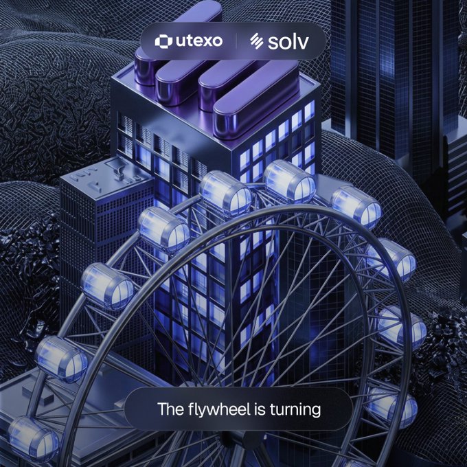 xtexo's Solv logo is displayed on a spinning blue and black Ferris wheel, accompanied by the text "The Flywheel is turning".