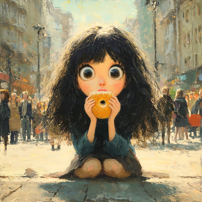 A whimsical oil painting depicts a wide-eyed girl with tousled dark hair sitting on a city street, contentedly eating a large donut, as blurred pedestrians go about their day around her. The image evokes the post's theme of simple, sweet comforts amidst the bustle of city life—suggesting that amid all the noise and activity, the only thing that truly matters is finding small moments of joy, like a child savoring her treat.

No text, numbers, or tickers are visible in the image itself.