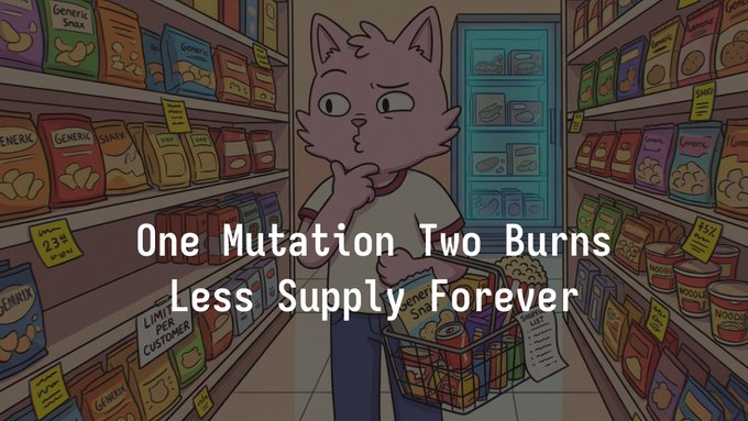 Cartoon of a cat in a convenience store aisle with the text 'One Mutation Two Burns Less Supply Forever.'