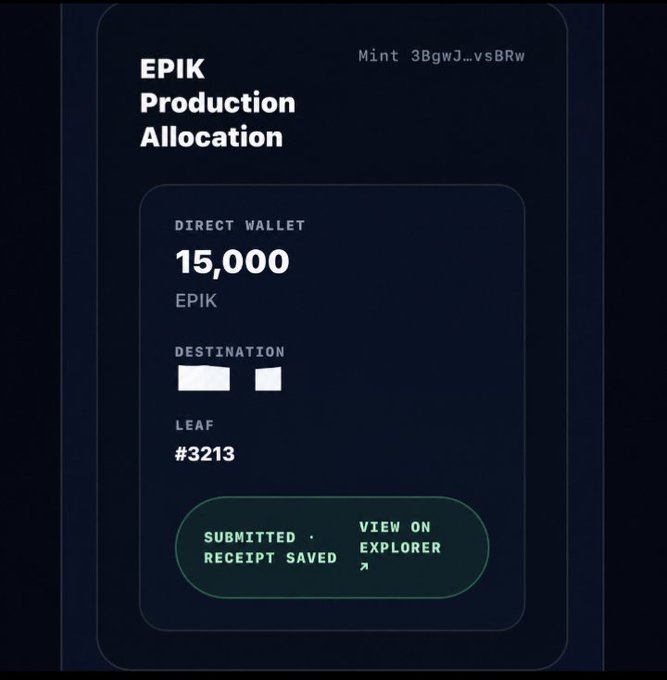 A dark-themed digital receipt or interface titled 'EPIK Production Allocation' showing a 'DIRECT WALLET' of '15,000 EPIK', a destination address, and 'LEAF #3213', with a confirmation button stating 'SUBMITTED • RECEIPT SAVED'.