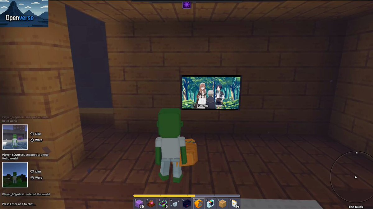 The image shows a person wearing a white shirt standing in front of a television screen, which displays an animated scene featuring two people. The room has wooden walls and flooring, creating a cozy atmosphere for watching the TV show or movie. A computer monitor is also visible on one side of the room.