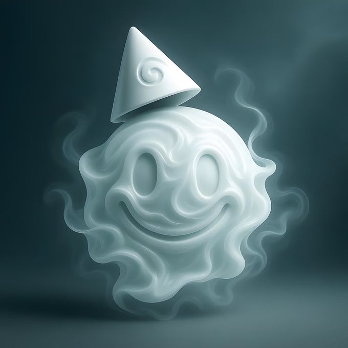 A friendly, smiling ghost-like figure made of swirling white mist floats against a dark background, wearing a small conical hat with a spiral emblem. The image illustrates the whimsical spirit "Whorl of Echoes — Hypnotic Thought Recursion," whose swirling, hypnotic form and subtle decorative swirl mirror its recursive, mind-bending name, capturing the dreamy, otherworldly essence of the Smiles NFT collection.