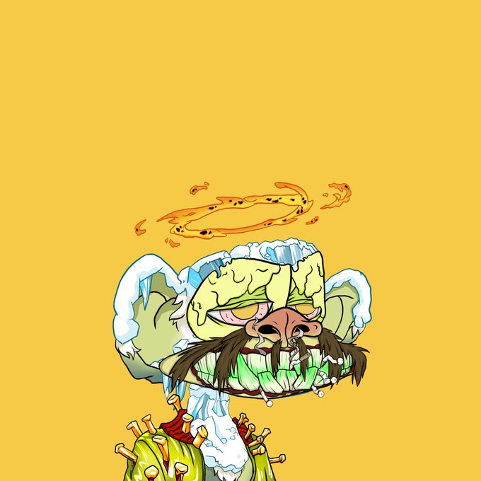 Cartoon-style NFT art of a grotesque green creature with glowing green teeth, bloodshot eyes, and a halo of fire floating above its head on a yellow background.