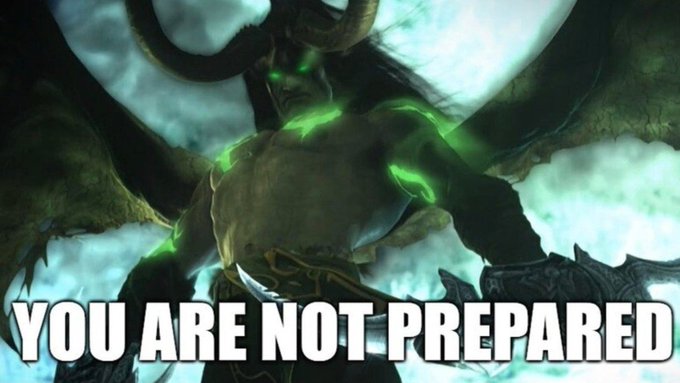 Illidan Stormrage, the demon-empowered villain from *World of Warcraft*, looms with glowing green fel energy while declaring "YOU ARE NOT PREPARED"—a meme caption the author repurposes to warn that today's AI-driven markets are merely a warm-up for a far more disruptive financial phase centered on $tibbir.
