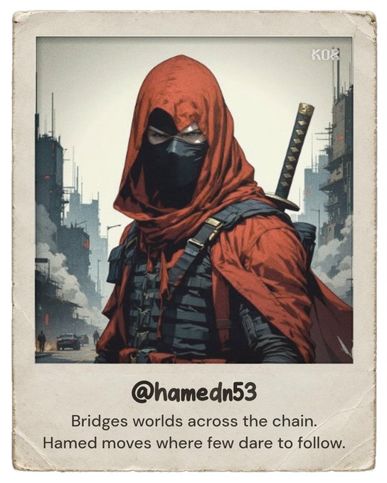 A digital trading card features an illustration of a hooded figure in red and black armor against a futuristic cityscape, accompanied by the text "@hamedn53 Bridges worlds across the chain. Hamed moves where few dare to follow." This image serves as a personalized identity card for the @KorProtocol ecosystem.