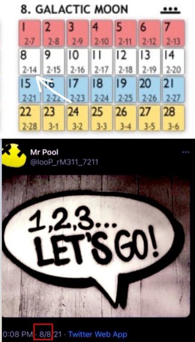 A "Galactic Moon" calendar (numbered 1-28) from Mr Pool's Twitter post dated 8/8/21, featuring a speech bubble meme reading "1,2,3... LET'S GO!" — seemingly hinting at an upcoming sequence or countdown connected to the coded date interpretation provided.