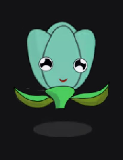 A cartoon illustration of a teal flower-like creature with large starry eyes, a small smile, and green leaves on a dark grey background.