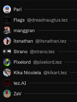 A list of Tezos artist usernames (Pari, Flags @dreadnaugtus.tez, manggran, itsnathan @itsnathan.tez, Strano @strano.tez, Pixelord @pixelord.tez, Kika Nicolela @kikart.tez, tez.AI, and ZaV), corresponding to the collaborators credited in the post for the sold-out "REBIRT" OBJKT release, now available on the secondary market at 13.35 xtz.