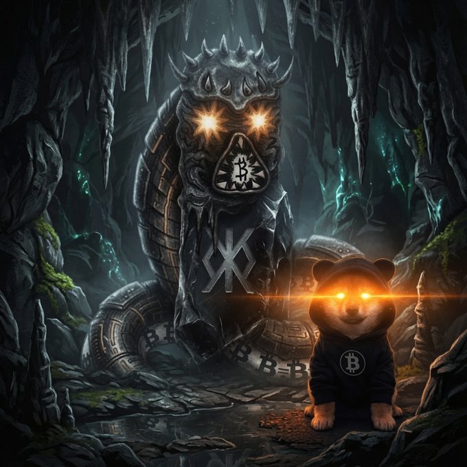 A digital illustration of a snake with glowing eyes coiled around a 'B' symbol in a dark cave, alongside a Shiba Inu dog wearing a Bitcoin logo hoodie.