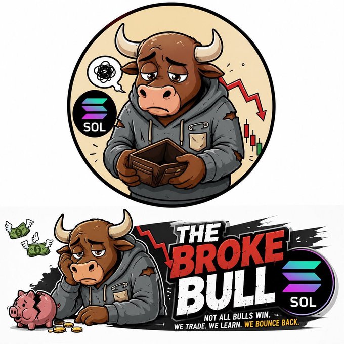 A cartoon bull character looking dejected in two illustrations themed 'THE BROKE BULL SOL' with the tagline 'NOT ALL BULLS WIN. WE TRADE. WE LEARN. WE BOUNCE BACK,' featuring a Solana logo and a broken piggy bank.