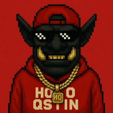 A pixel art image features a red-skinned demon character wearing a red cap backward, pixelated sunglasses, a gold chain with 'HQ' pendant, and a red shirt reading 'HO HO QS TIN' against a solid red background.