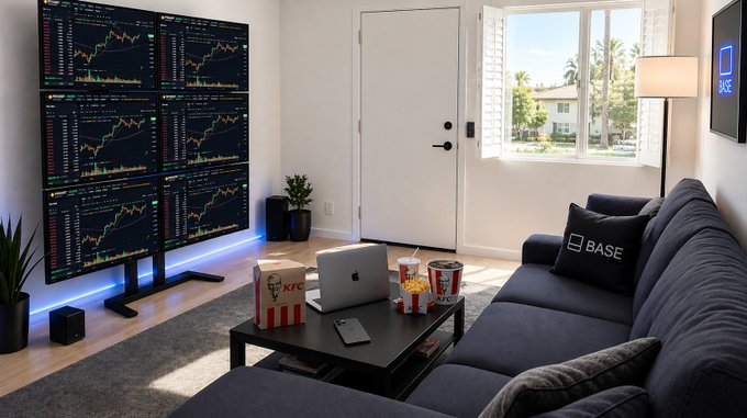 The image shows a living room set up as a crypto trading station, featuring a large multi-screen monitor displaying financial charts and candlestick graphs, a "BASE" branded pillow on the couch, and snacks like popcorn and KFC chicken scattered on the coffee table—a perfect "Sunday starter pack" for a crypto trader's weekend. The setup captures the casual yet dedicated atmosphere of at-home market watching, complete with a laptop ready for trading and a relaxed vibe.