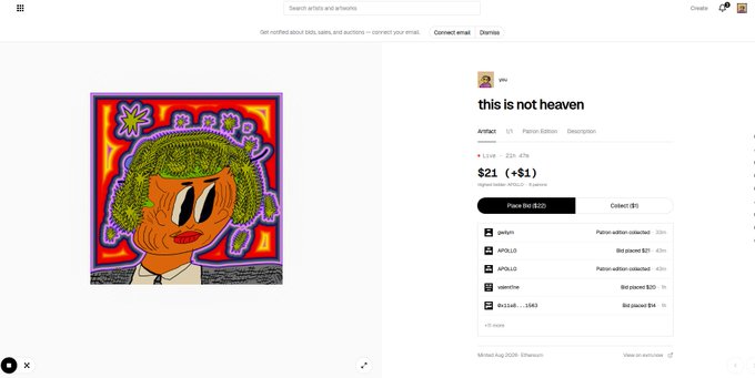 An NFT listing on a marketplace titled 'this is not heaven' showing a colorful cartoon artwork with green hair, priced at $21 with $1 bid placed, minted August 2026.