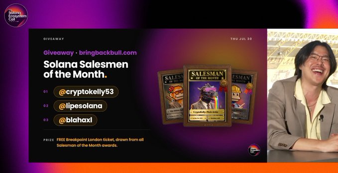 A promotional slide for a 'Solana Salesmen of the Month' giveaway lists winners @cryptokelly53, @lipesolana, and @blahaxi, with a man laughing on the right side.
