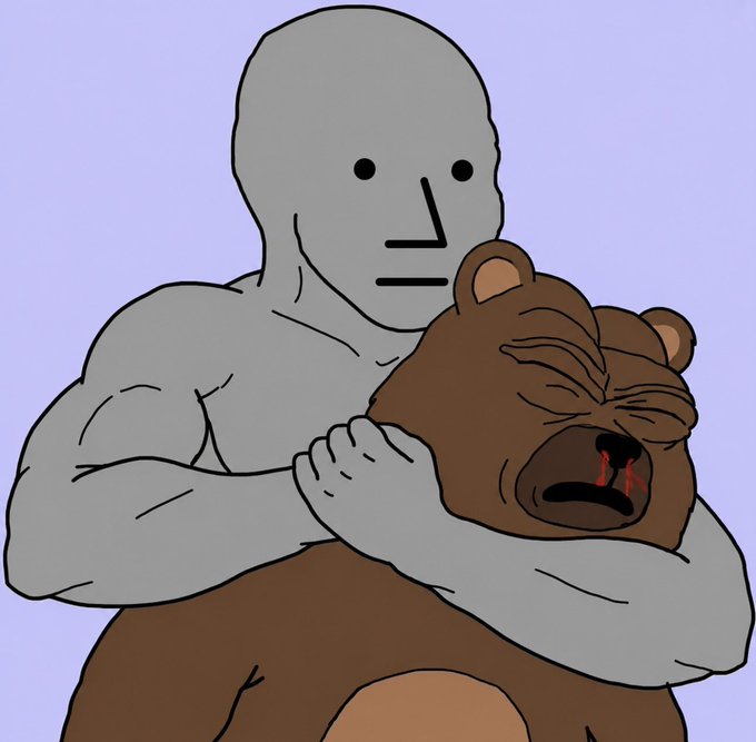 Simple cartoon drawing of a gray humanoid NPC character choking/head-locking a crying brown bear on a light purple background.