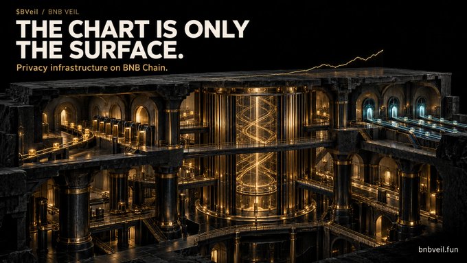 Promotional graphic for $BVeil/BNB Veil cryptocurrency project with the tagline 'The Chart is Only the Surface' and 'Privacy infrastructure on BNB Chain,' featuring a luxurious golden architectural interior.