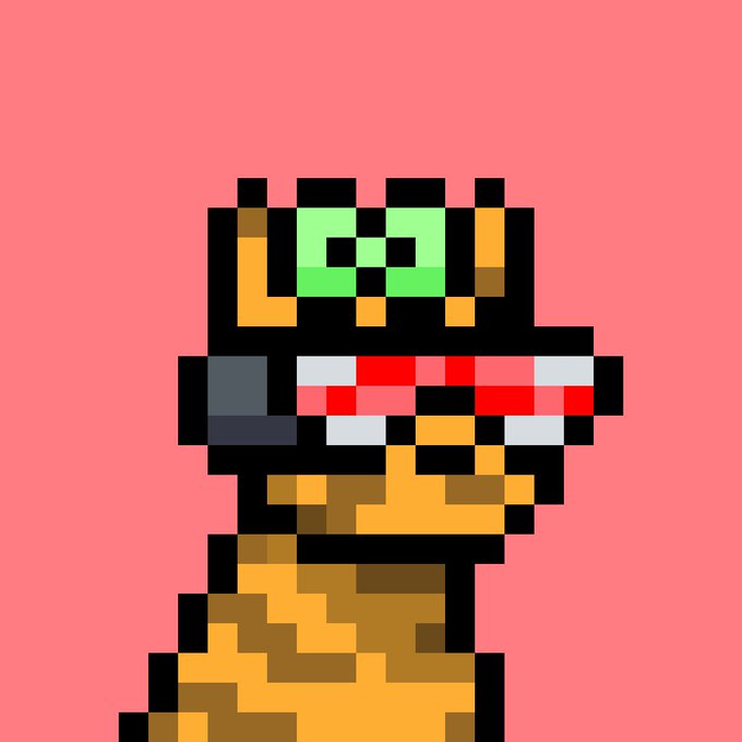 A pixel art character resembling a snake wearing a crown with a red and white headband, featuring green eyes, set against a pink background.